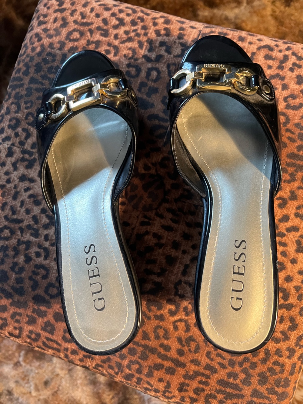 GUESS Black Patent Leather Mules with Gold Chain Accent